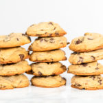 Stack of homemade soft chocolate chip cookies.