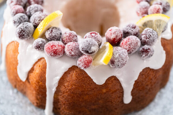 Moist Lemon Cranberry Cake with Sugared Cranberry Topping