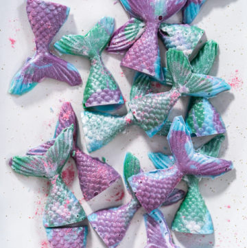 Homemade chocolate mermaid tails covered with glitter dust.