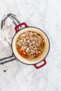 Flat lay. Cooking chicken noodle soup with kluski noodles in an enameled dutch oven.