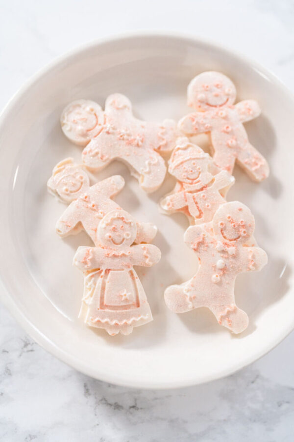 Eggnog Cookies - Arina Photography Chocolate gingerbread man with glitter on a white plate.