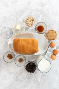 Bread pudding - Arina Photography Flat lay. Measured ingredients in glass mixing bowls to bake bread pudding.