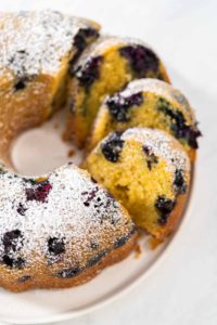 Lemon blueberry bundt cake with powdered sugar dusting - Arina Photography