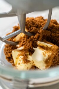 Classic Gingerbread Cookie Dough for Holiday Baking - Arina Photography The mixer paddle is positioned to start blending the brown sugar and butter, both ingredients slightly softened and ready for mixing.