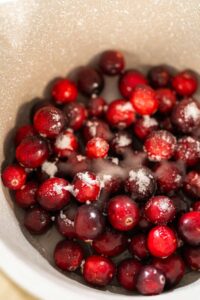 835-04918 - Arina Photography Close-up of fresh cranberries in a pot sprinkled with sugar, ready to be cooked down for cranberry puree.