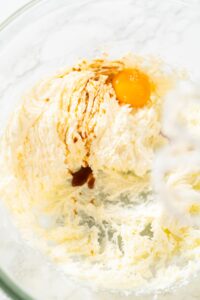 835-05102 - Arina Photography Egg yolk and vanilla extract added to a fluffy creamed mixture of butter, sugar, and cream cheese in a glass mixing bowl for lemon spritz cookie dough.