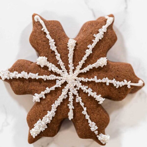 Close-up of a chocolate snowflake cookie decorated with white royal icing and sparkling sugar crystals, ideal for winter-themed holiday treats and Christmas dessert tables.