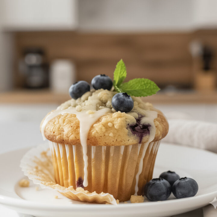 008-featured image23 - Arina Photography A freshly baked blueberry muffin with white ganache drizzle, topped with blueberries and a mint leaf, illustrating blueberry muffins with white ganache on a white plate.