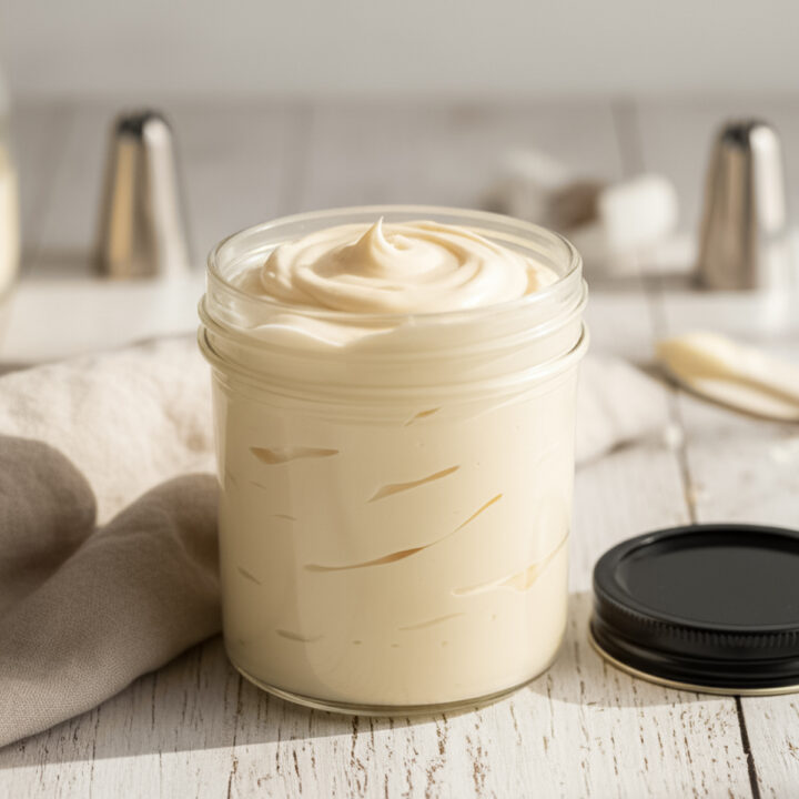 033-fi - Arina Photography Glass jar filled with creamy Italian buttercream frosting on a light wooden surface with baking tools.