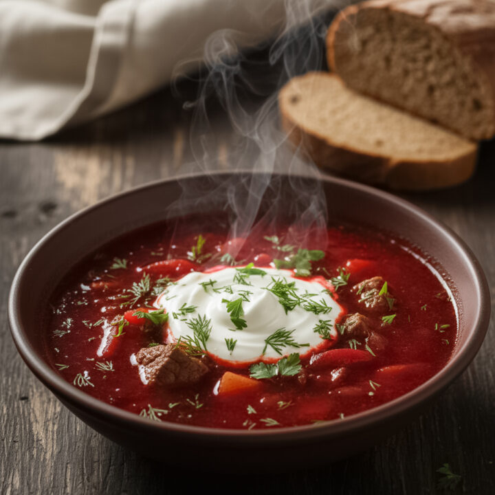 047-featured image23 - Arina Photography Steaming bowl of classic borsch made with beets, beef, and vegetables, topped with a dollop of sour cream and fresh dill, served with slices of rye bread.