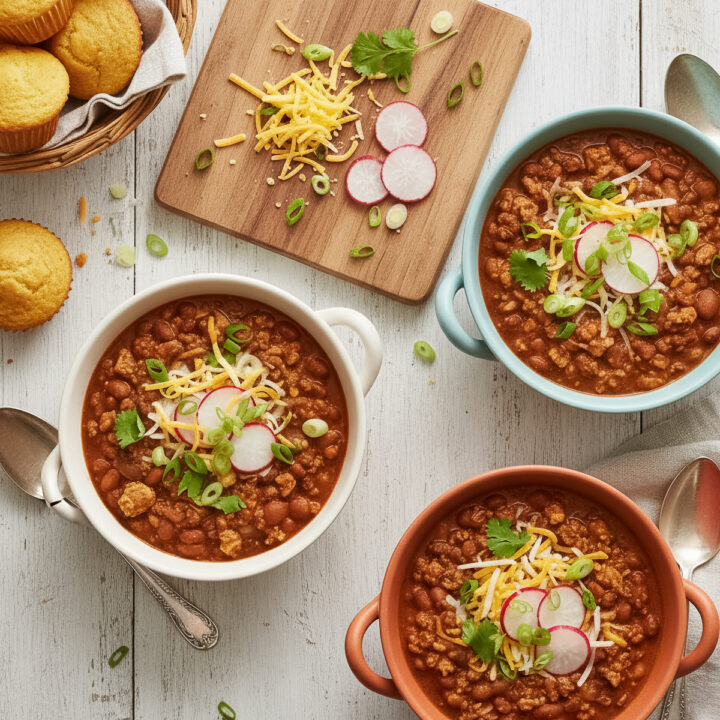 071-featured image23 - Arina Photography Bowls of hearty turkey chili topped with shredded cheese, radish slices, green onions, and cilantro, served with golden cornbread muffins on a rustic white table.